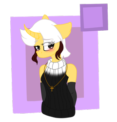 Size: 636x663 | Tagged: safe, artist:nikkitatheanimefan, imported from derpibooru, oc, oc only, oc:mary, anthro, unicorn, blushing, curved horn, female, mare, solo