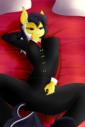 Size: 2000x3000 | Tagged: safe, artist:huckser, imported from derpibooru, oc, oc only, oc:zedwin, anthro, bedroom eyes, clothes, female, heterochromia, looking at you, solo