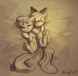 Size: 906x888 | Tagged: safe, artist:inowiseei, imported from derpibooru, apple bloom, sweetie belle, earth pony, pony, unicorn, adorabloom, cute, diasweetes, duo, eyes closed, female, filly, monochrome, on back