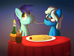 Size: 2500x1900 | Tagged: safe, artist:yuradhear, imported from derpibooru, oc, oc only, oc:arctic breeze, oc:stratosphere, pony, blushing, food, gay, male, pasta, spaghetti