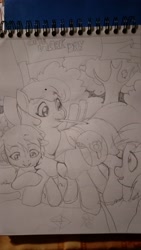 Size: 2368x4208 | Tagged: safe, artist:jeremy3, imported from derpibooru, apple bloom, oc, pony, clothes, dress, monochrome, notebook, older, pencil, pencil drawing, saddle bag, teacher, traditional art