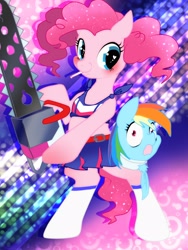 Size: 1200x1600 | Tagged: safe, artist:nabe, imported from derpibooru, pinkie pie, rainbow dash, earth pony, pony, bipedal, candy, chainsaw, disembodied head, female, food, lollipop, lollipop chainsaw, looking at you, mare