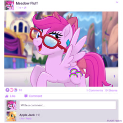 Size: 1080x1080 | Tagged: safe, imported from derpibooru, oc, oc only, oc:meadow fluff, my little pony: the movie, bow, facebook, glasses, mlp movie pony maker, rearing, tail bow