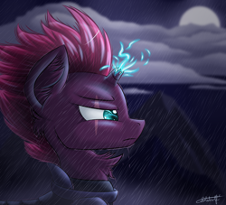 Size: 3000x2718 | Tagged: safe, artist:php48, deleted from derpibooru, imported from derpibooru, tempest shadow, pony, unicorn, my little pony: the movie, armor, broken horn, dark, eye scar, female, magic, mare, mountain, rain, scar, signature, solo, sparking horn