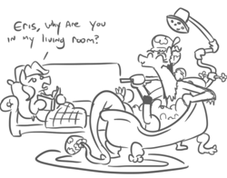 Size: 700x549 | Tagged: safe, artist:jargon scott, imported from derpibooru, discord, fluttershy, draconequus, pegasus, pony, bath, bathing, bathtub, book, butterscotch, claw foot bathtub, coach, couch, duo, eris, monochrome, pillow, plaid, reading, rule 63, simple background, white background