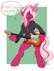 Size: 3000x4000 | Tagged: safe, artist:manestreamstudios, imported from derpibooru, oc, oc only, oc:pynk hyde, semi-anthro, unicorn, clothes, crying, curved horn, dialogue, electric guitar, glowing horn, guitar, halestorm, jacket, leather jacket, musical instrument, rock (music), rocker, singing, song reference, tribute to halestorm