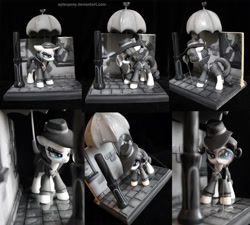 Size: 4000x3602 | Tagged: safe, artist:aplexpony, imported from derpibooru, rarity, pony, unicorn, rarity investigates, blue eyes, craft, figurine, irl, lamppost, magnifying glass, noir, photo, sculpture, solo, traditional art, umbrella