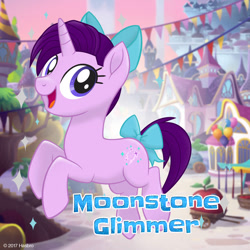 Size: 1080x1080 | Tagged: safe, imported from derpibooru, oc, oc only, oc:moonstone glimmer, unicorn, my little pony: the movie, apple, balloon, bow, canterlot, canterlot castle, cart, food, garland, hair bow, happy, implied starlight glimmer, jewelry, looking at you, mlp movie pony maker, movie accurate, pennant, rearing, regalia, smiling, solo, stairs, tail bow, tent, text, tower