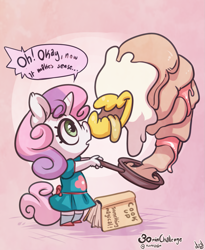 Size: 1067x1300 | Tagged: safe, artist:atryl, imported from derpibooru, sweetie belle, anthro, 30 minute art challenge, book, breakfast is ruined, clothes, cooking, dialogue, dress, food monster, lethal chef, living object, monster, sweetie belle can't cook, sweetie fail