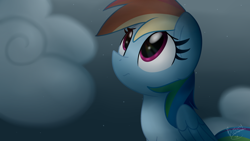 Size: 1024x576 | Tagged: safe, artist:lbrcloud, artist:littleblackraencloud, imported from derpibooru, rainbow dash, pegasus, pony, cloud, female, frown, looking up, mare, night, sad, signature, sky, solo, stars