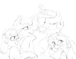 Size: 1100x850 | Tagged: safe, artist:silfoe, imported from derpibooru, princess celestia, princess luna, rarity, twilight sparkle, alicorn, pony, unicorn, other royal book, black and white, blushing, cup, female, grayscale, lesbian, magic, monochrome, rarilestia, shipping, simple background, sketch, teacup, telekinesis, twiluna, white background
