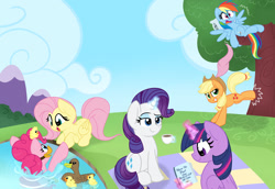 Size: 1024x704 | Tagged: safe, artist:lbrcloud, artist:littleblackraencloud, imported from derpibooru, applejack, fluttershy, pinkie pie, rainbow dash, rarity, twilight sparkle, alicorn, duck, earth pony, pegasus, pony, unicorn, blanket, book, bucking, cloud, grin, levitation, magic, mane six, on back, open mouth, outdoors, picnic blanket, pillow, prone, sitting, sky, smiling, spread wings, surprised, swimming, telekinesis, tree, tree branch, twilight sparkle (alicorn), wings