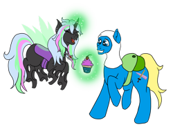 Size: 1024x819 | Tagged: safe, artist:countessmrose, imported from derpibooru, oc, oc only, changeling, pony, adventure time, backpack, changeling oc, clothes, costume, cupcake, flying, food, glowing horn, magic, simple background, smiling, telekinesis, transparent background