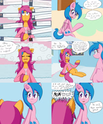 Size: 2000x2400 | Tagged: safe, artist:jake heritagu, imported from derpibooru, firefly, scootaloo, pony, comic:ask motherly scootaloo, ask, bed, blanket, cloud, comic, hairpin, motherly scootaloo, sweatshirt, wonderbolts poster