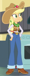 Size: 230x585 | Tagged: safe, imported from derpibooru, screencap, applejack, dance magic, equestria girls, spoiler:eqg specials, belt, belt buckle, boots, clothes, cowboy boots, cowboy hat, cowgirl, cowgirl outfit, cropped, female, freckles, hat, imagine spot, jeans, outfit, pants, shoes, solo, spear, stetson, weapon