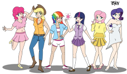 Size: 4000x2338 | Tagged: safe, artist:banquo0, imported from derpibooru, applejack, fluttershy, pinkie pie, rainbow dash, rarity, twilight sparkle, human, armpits, belly button, boots, breasts, cleavage, clothes, converse, cowboy hat, dress, feet, female, flip-flops, hand on hip, hat, high heels, high res, humanized, kneesocks, mane six, mary janes, midriff, pants, pleated skirt, shirt, shoes, short shirt, shorts, simple background, skirt, socks, stetson, transparent background