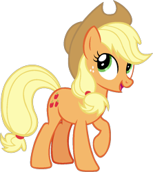 Size: 841x949 | Tagged: safe, artist:j-pinkie, imported from derpibooru, applejack, earth pony, pony, cowboy hat, female, freckles, hat, mare, ms paint, open mouth, raised hoof, simple background, solo, transparent background, vector