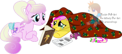 Size: 900x398 | Tagged: safe, artist:princeofrage, imported from derpibooru, oc, oc only, oc:strawberry b!tchcake, blanket, book, bow, cerise porceleen, duo, plushie, ponysona, reading, simple background, strawberry b!tchcake, tail bow, transparent background
