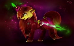 Size: 2529x1581 | Tagged: safe, artist:das_leben, imported from derpibooru, oc, oc only, pony, unicorn, clothes, ear piercing, female, floppy ears, glowing horn, horn ring, magic, mare, open mouth, piercing, solo, sword, tail wrap, telekinesis, weapon