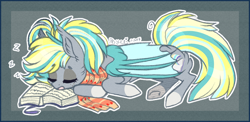 Size: 900x439 | Tagged: safe, artist:tay-niko-yanuciq, artist:tenebristayga, imported from derpibooru, oc, oc only, oc:booker, book, clothes, female, mare, prone, scarf, sleeping, solo, z, zzz