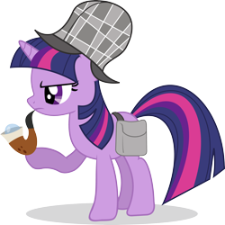 Size: 4250x4247 | Tagged: safe, artist:hornflakes, imported from derpibooru, twilight sparkle, pony, unicorn, mmmystery on the friendship express, absurd resolution, bubble pipe, deerstalker, female, hat, mare, pipe, saddle bag, simple background, solo, transparent background, unicorn twilight, vector