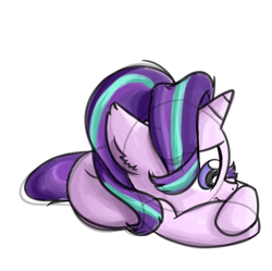 Size: 1024x1021 | Tagged: safe, artist:lbrcloud, artist:littleblackraencloud, imported from derpibooru, starlight glimmer, pony, unicorn, cute, ear fluff, female, frown, lying down, sad, sadorable, simple background, solo, white background