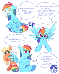 Size: 867x1093 | Tagged: safe, artist:dusty-munji, imported from derpibooru, applejack, rainbow dash, earth pony, pegasus, pony, blushing, duo, female, looking at you, mare, missing accessory, multicolored hair, simple background, sitting, spread wings, white background, wings