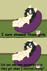 Size: 360x540 | Tagged: safe, artist:scraggleman, imported from derpibooru, oc, oc only, oc:floor bored, earth pony, pony, /mlp/, 2 panel comic, 4chan, comic, dialogue, female, lying down, mare, on back, open mouth, solo, the marvelous misadventures of flapjack