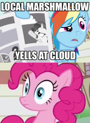 Size: 642x878 | Tagged: safe, edit, edited screencap, imported from derpibooru, screencap, pinkie pie, rainbow dash, rarity, daring done?, crossing the memes, image macro, meme, old man yells at cloud, rarity is a marshmallow, simpsons did it, the simpsons