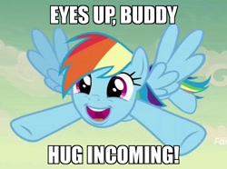 Size: 1420x1059 | Tagged: safe, edit, edited screencap, imported from derpibooru, screencap, rainbow dash, pegasus, pony, daring done?, bronybait, cloud, female, flying, happy, image macro, incoming hug, mare, meme, open mouth, sky, smiling, solo, spread wings, wings