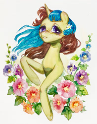 Size: 2367x3024 | Tagged: safe, artist:catmag, imported from derpibooru, oc, oc only, oc:mallow, pony, unicorn, female, flower, mare, solo, traditional art