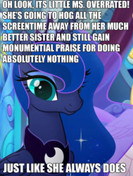 Size: 702x930 | Tagged: safe, edit, edited screencap, imported from derpibooru, screencap, princess luna, alicorn, pony, my little pony: the movie, background pony strikes again, caption, downvote bait, drama, drama bait, female, luna hate, mare, meme, op is a duck, op is butthurt, op is trying to start shit, salty, solo, text