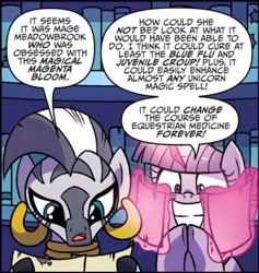 Size: 1153x1217 | Tagged: safe, artist:agnesgarbowska, idw, imported from derpibooru, twilight sparkle, zecora, alicorn, pony, zebra, a health of information, spoiler:comic, spoiler:comic58, ear piercing, earring, jewelry, library, piercing, scroll, twilight sparkle (alicorn)