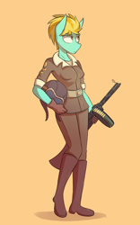 Size: 1250x2000 | Tagged: safe, artist:malphee, imported from derpibooru, lightning dust, anthro, plantigrade anthro, boots, clothes, female, gun, helmet, machine gun, orange background, shoes, simple background, solo, uniform, weapon