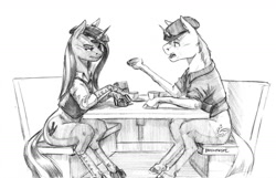 Size: 1400x902 | Tagged: safe, artist:baron engel, imported from derpibooru, oc, oc only, pony, unicorn, clothes, female, grayscale, looking at each other, male, mare, monochrome, simple background, sketch, stallion, traditional art, white background