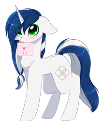 Size: 1024x1227 | Tagged: safe, artist:little-sketches, artist:php146, imported from derpibooru, oc, oc only, oc:muffinkarton, pony, unicorn, blushing, female, letter, mare, mouth hold, simple background, solo, transparent background