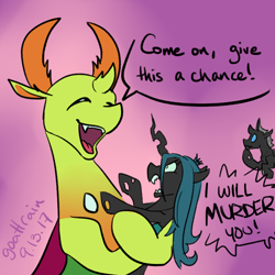 Size: 900x900 | Tagged: safe, artist:goat train, imported from derpibooru, queen chrysalis, thorax, changedling, changeling, changeling queen, dialogue, fangs, gradient background, hug, king thorax, macro, non-consensual cuddling, open mouth, smiling, unamused