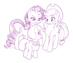 Size: 800x695 | Tagged: safe, artist:dstears, imported from derpibooru, applejack, rarity, earth pony, pony, unicorn, background pony, cowboy hat, fanart, female, filly, friendship journal, hat, lesbian, lip bite, mare, monochrome, mouth hold, rarijack, saddle bag, shipper on deck, shipping, simple background, stetson, varying degrees of want, white background