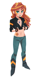 Size: 724x1360 | Tagged: safe, artist:hirosi41, imported from derpibooru, sunset shimmer, equestria girls, alternative cutie mark placement, belly button, boots, clothes, cutie mark, cutie mark on human, female, fingerless gloves, gloves, jeans, jewelry, lipstick, looking at you, midriff, necklace, pants, shoes, simple background, smiling, solo, white background