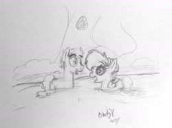 Size: 1827x1366 | Tagged: safe, artist:binkyt11, derpibooru exclusive, imported from derpibooru, daring do, doctor caballeron, duck pony, pony, colt, female, filly, male, monochrome, pegaduck, traditional art, younger