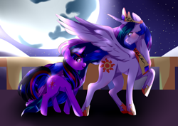 Size: 4092x2893 | Tagged: safe, artist:shine-aqua-absol, imported from derpibooru, princess celestia, twilight sparkle, alicorn, unicorn, female, jewelry, mare, moon, night, profile, raised hoof, regalia, sky, smiling, stars, walking