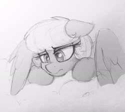 Size: 2608x2352 | Tagged: safe, artist:selenophile, imported from derpibooru, oc, oc only, oc:wet paint, pegasus, pony, cloud, contemplative, grayscale, looking down, monochrome, simple background, sketch, solo, wings