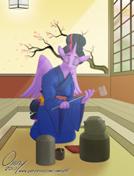 Size: 800x1049 | Tagged: safe, artist:omny87, imported from derpibooru, twilight sparkle, alicorn, anthro, unguligrade anthro, series:the serving six, clothes, female, food, kimono (clothing), kneeling, solo, tea, tea ceremony, twilight sparkle (alicorn)