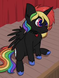 Size: 1578x2093 | Tagged: safe, artist:marsminer, imported from derpibooru, oc, oc only, oc:rainbow moon, alicorn, pony, alicorn oc, auction, collar, colored pupils, male, rainbow hair, sitting, solo, spiked collar, stallion, unshorn fetlocks