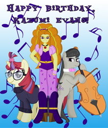 Size: 3567x4232 | Tagged: safe, artist:cyber-murph, imported from derpibooru, adagio dazzle, moondancer, octavia melody, equestria girls, rainbow rocks, boots, clothes, glasses, happy birthday, jewelry, kazumi evans, pendant, shoes, sweater, tribute, voice actor