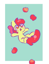 Size: 533x688 | Tagged: safe, artist:dawnfire, imported from derpibooru, apple bloom, earth pony, pony, adorabloom, apple, bow, cute, falling, female, filly, food, green background, hair bow, red hair, red tail, simple background, smiling, solo