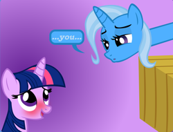 Size: 892x680 | Tagged: safe, artist:navitaserussirus, imported from derpibooru, trixie, twilight sparkle, blushing, comic, cropped, female, lesbian, long neck, shipping, twixie