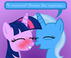 Size: 840x692 | Tagged: safe, artist:navitaserussirus, imported from derpibooru, trixie, twilight sparkle, pony, unicorn, blushing, comic, cropped, eyes closed, female, grin, lesbian, mare, open mouth, shipping, smiling, twixie