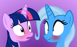 Size: 952x576 | Tagged: safe, artist:navitaserussirus, imported from derpibooru, trixie, twilight sparkle, pony, unicorn, blushing, comic, cropped, female, lesbian, mare, open mouth, scrunchy face, shipping, twixie