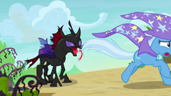 Size: 1280x720 | Tagged: safe, imported from derpibooru, screencap, pharynx, trixie, changeling, pony, to change a changeling